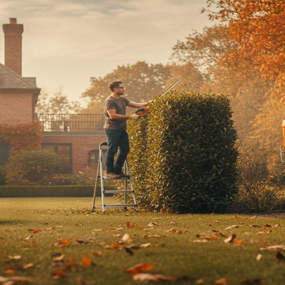 Trois hommes sont dans un jardin en automne. Le premier tond la pelouse, un autre taille la haie et le dernier utilise un pulvérisateur.