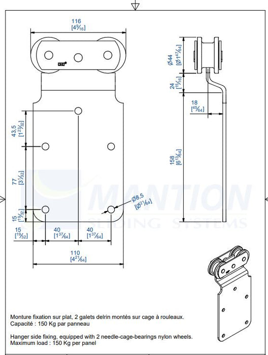 Monture fixation sur plat 2 galets porte 150 kg 0251D - Vendu à l'unité