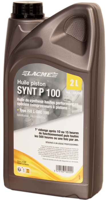Huile Synthèse P100 Spéciale Compresseurs 2L Type Iso Vg 100 318200 Lacme
