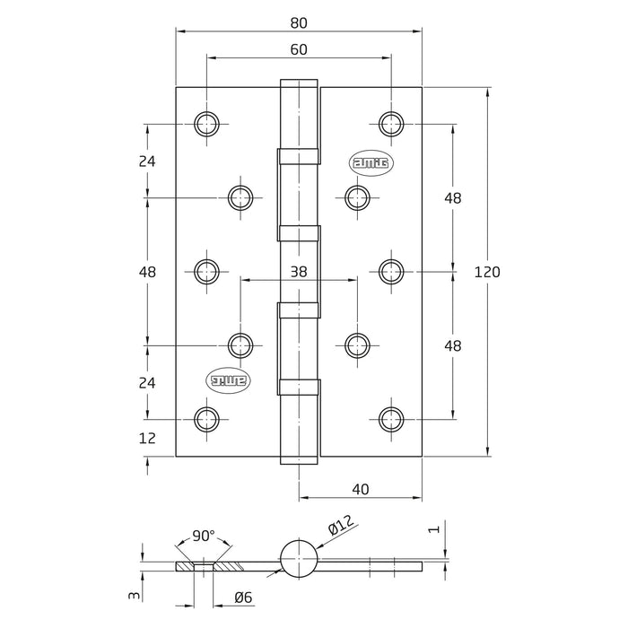 Charnière fixée en acier vieilli, sans tête, et avec bord carré. 6323