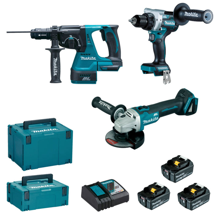 Pack 3 Machines Makita DLX3202TJ – 18 V Li-Ion 5 Ah (Visseuse-perceuse + Meuleuse + Perforateur burineur)