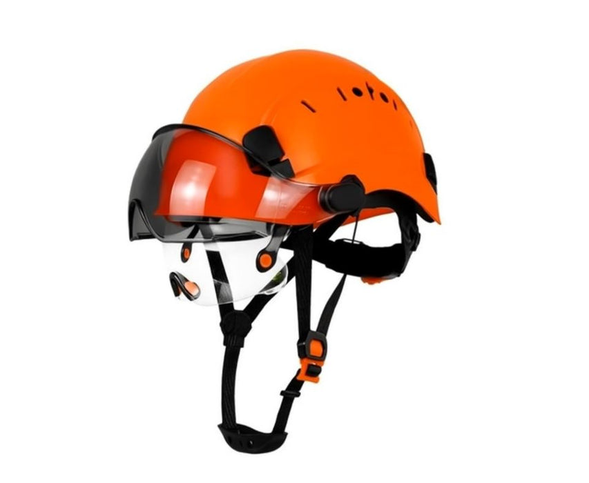 Casque de sécurité orange avec lunette et surlunette fumée