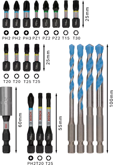 Coffret PRO Impact 20 pcs: 4 forets 15 embouts 1 porte embouts - 2608521U83 Bosch