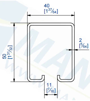 Rail 50x40 Chemin de roulement pour portes suspendues prix au ML