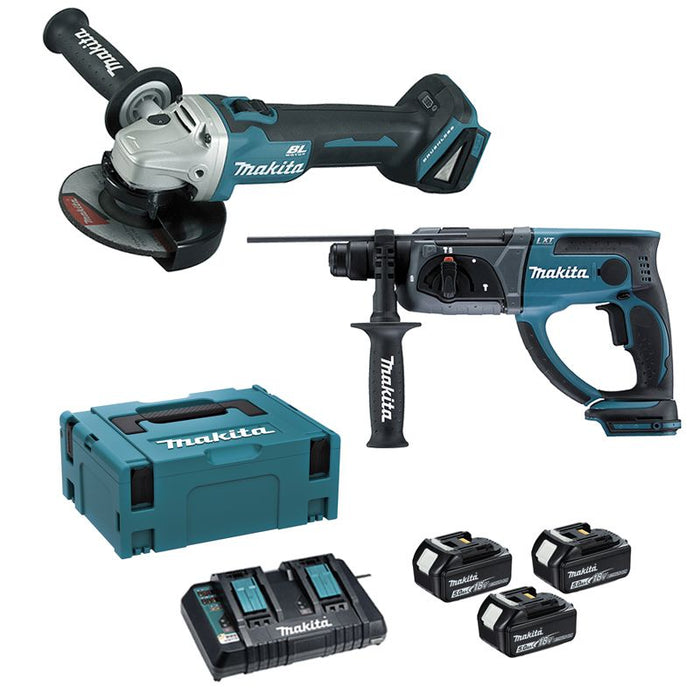 Pack 2 machines 18V 5Ah Li-Ion (Meuleuse DGA504 + Perforateur DHR202 + 3 batteries)  LOT0151 MAKITA