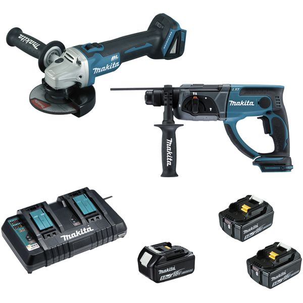 Pack 2 machines 18V 5Ah Li-Ion (Meuleuse DGA504 + Perforateur DHR202 + 3 batteries)  LOT0151 MAKITA